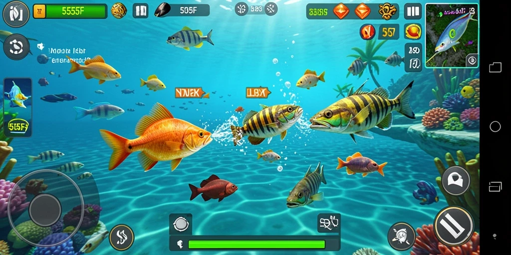 Tampilan gameplay Tembak Ikan yang seru di 555F dengan berbagai ikan yang siap ditembak.