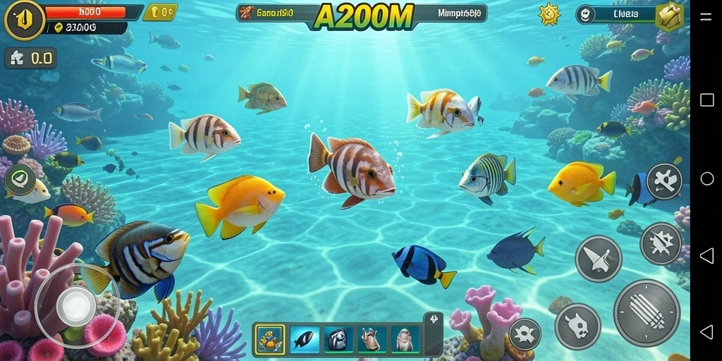 Screenshot menunjukkan aksi seru dalam permainan Tembak Ikan A200M.