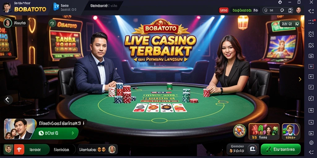 Screenshot gameplay BOBATOTO menampilkan dealer profesional dan suasana kasino langsung.