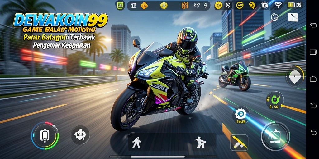Screenshot gameplay DEWAKOIN99 menampilkan motor balap di trek yang menantang.