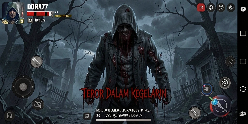 Screenshot DORA77 menunjukkan suasana mencekam dalam gameplay.