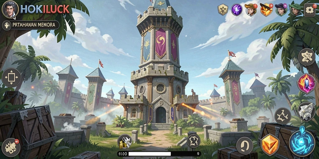 Tampilan gameplay HOKILUCK menampilkan pertahanan menara yang mendebarkan.