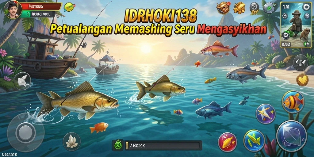 Gameplay memancing di IDRHOKI138 dengan ikan yang beragam dan alat pancing.