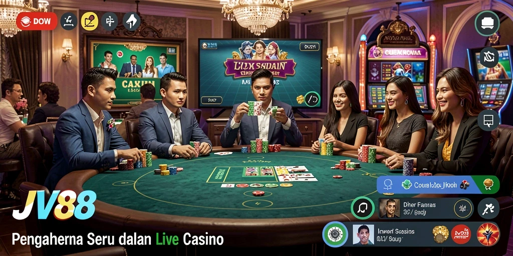 Screenshot gameplay Live Casino yang menampilkan dealer dan pemain dalam suasana nyata.