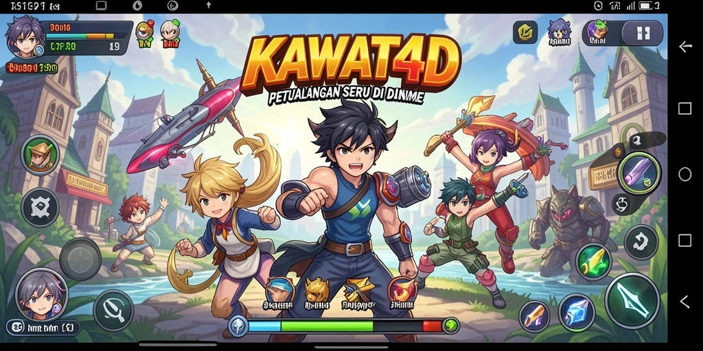 Tampilan gameplay KAWAT4D yang memukau dengan karakter anime yang beraksi.