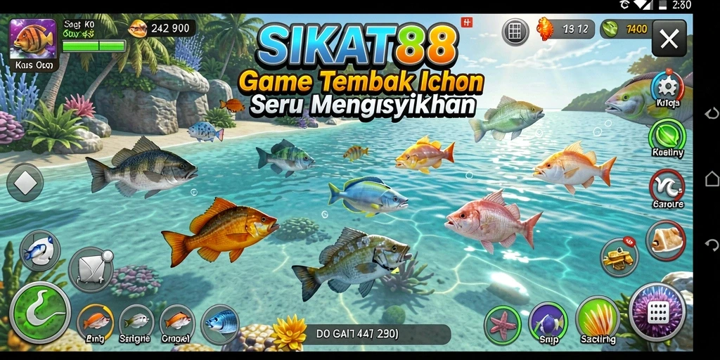 Tampilan gameplay SIKAT88 dengan berbagai ikan dan senjata yang menarik.