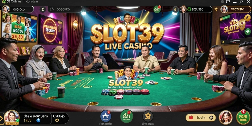Screenshot dari gameplay SLOT39 yang menampilkan dealer dan meja permainan.