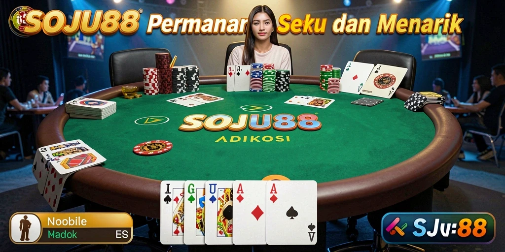 Screenshot gameplay SOJU88 menampilkan suasana seru permainan poker.