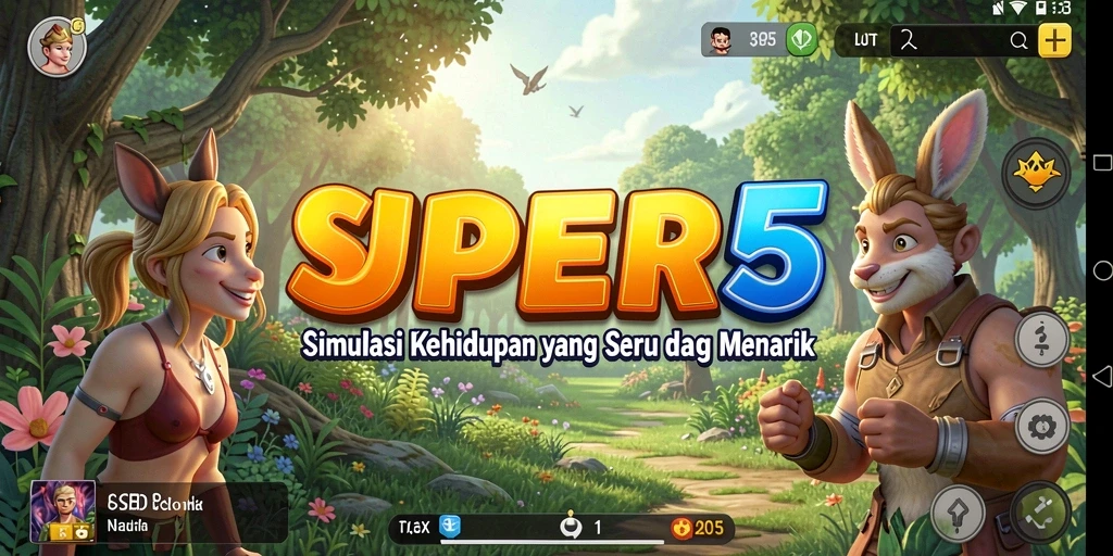 Screenshot gameplay SUPER5 menampilkan interaksi karakter dalam simulasi kehidupan.